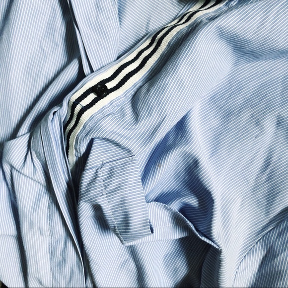 ZARA Blue Striped Button-Down Collared Dress with Leather Skirt - Picture 6 of 9